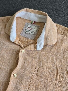 Bruno Positano Washable Linen Shirt Men's Small Orange Short Sleeve Button Up